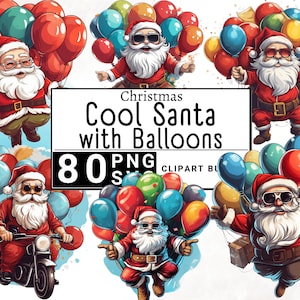 Cool Santa Ballonnen Clipart Bundel, Kerstman Aquarel Kerst Ontwerpen, Grappige Kerstman Portret Clip Art, PNG SVG Digitale Download
