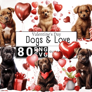 Clipart de chien de la Saint-Valentin, ballons de chiot aquarelle et roses Clip Art, tasse d’autocollant pour animaux de compagnie mignon et conception de chemise, PNG imprimable numérique et SVG