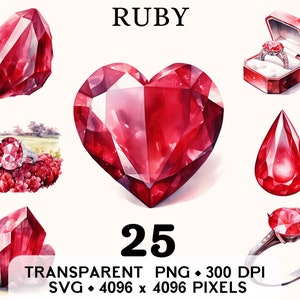 Ruby Clipart Acquerello Luglio Birthstone, Gioielli per fedi nuziali, Gemstone Sticker Mug and Shirt Design, Download digitale stampabile PNG e SVG