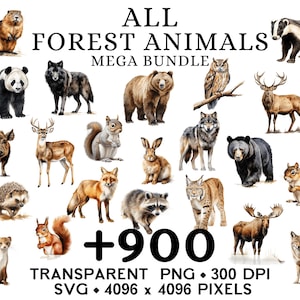Op de afbeelding: Een verzameling aquarel illustraties van bosdieren, waaronder een beer, wolf, uil en hert. De tekst luidt "ALL FOREST ANIMALS MEGA BUNDLE +900" met details over bestandsformaat en resolutie.