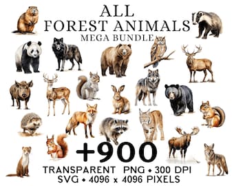 May include: A collection of watercolor illustrations of forest animals, including a bear, wolf, owl, deer, and more. The text reads "ALL FOREST ANIMALS MEGA BUNDLE +900" with details about the file format and resolution.