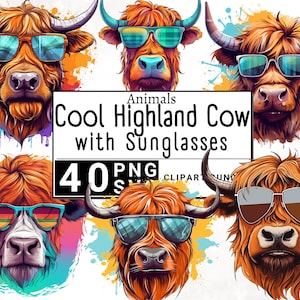 Cool Highland Cow Wearing Sunglasses Clipart, Watercolor Animal Farm Clip Art, Sticker Mug and Shirt Design, Digital Printable PNG & SVG