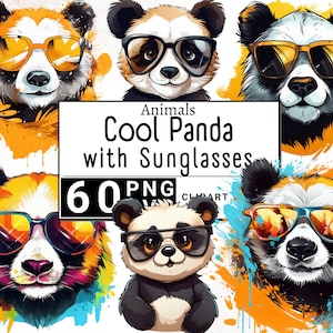 Imágenes Prediseñadas de Panda fresco con gafas de sol, imágenes prediseñadas de animales del bosque de acuarela, taza y camiseta con pegatina de oso panda lindo, descargar PNG y SVG imprimibles