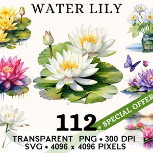 Clipart nénuphar, fleur de mariage de lotus mignon aquarelle Clip Art, conception de tasse et chemise autocollant floral, téléchargement numérique imprimable PNG SVG