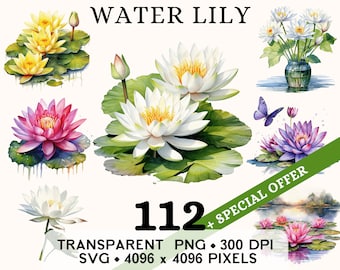 Clipart di ninfea, carino fiore di loto matrimonio acquerello clipart, adesivo floreale tazza e camicia design, download digitale stampabile PNG SVG