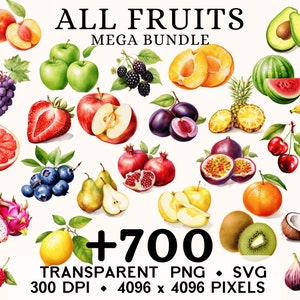 Bundle Früchte Clipart, Obst Aquarell Blumen und Bäume, Essen Aufkleber Becher und Shirt Design, digitaler Download, druckbare PNG & SVG