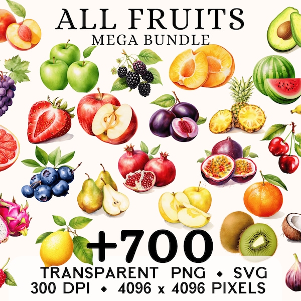 Bundle fruits Clipart, fruits aquarelle fleurs et arbres, autocollant alimentaire Mug et chemise, téléchargement numérique, PNG imprimable & SVG