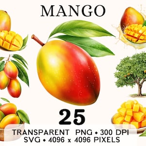 Clipart de mangue, fruit aquarelle mangue tropicale et arbre Clip Art, conception de tasse et chemise autocollant autocollant, téléchargement numérique imprimable PNG SVG