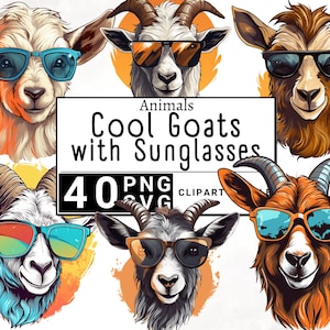 Chèvre cool lunettes de soleil Clipart, clipart ferme des animaux aquarelle, autocollant Mug et chemise, téléchargement numérique, PNG imprimable & SVG