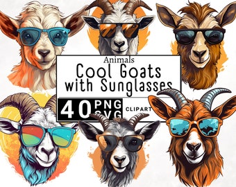 Cool Goat Wearing Sunglasses Clipart, Watercolor Animal Farm Clip Art, Sticker Mug and Shirt Design, Digital Download, Printable PNG & SVG