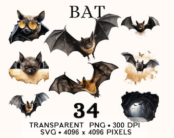 Bat Clipart Forest, Wild Fruit Bat Woodland Watercolor Clip Art, Animal Sticker Mug and Shirt Design, Digital Printable Download PNG SVG