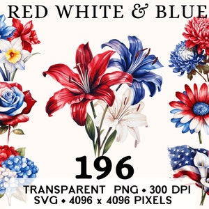 Rood witte en blauwe bloem clipart, 4 juli aquarel illustraties, bloemen sticker mok en shirt design, afdrukbare digitale download png SVG