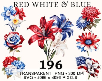 Könnte beinhalten: Aquarell-Blumenillustrationen in Rot, Weiß und Blau. Das Bild zeigt verschiedene Blumen, darunter Lilien, Rosen und Gänseblümchen, in patriotischen Farben. Der Text "RED WHITE & BLUE" steht oben. Die Zahl "196" ist ebenfalls vorhanden, zusammen mit technischen Details.