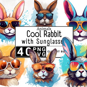 Cool lapin portant des lunettes de soleil Clipart, clipart ferme des animaux aquarelle, mignon lapin autocollant Mug et T-shirt, numérique imprimable PNG & SVG