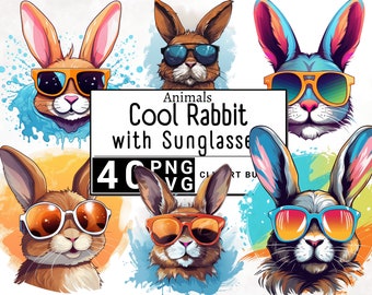 Cooles Kaninchen mit Sonnenbrille Clipart, Aquarell Tier Bauernhof Clip Art, Süßer Hase Aufkleber Tasse und T-Shirt, digital druckbare PNG und SVG