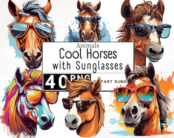 May include: Four cartoon horses wearing sunglasses. The horses are in different poses and have different colored manes and tails. The text "Animals Cool Horses with Sunglasses 40 PNG Part Bundle" is at the top of the image.