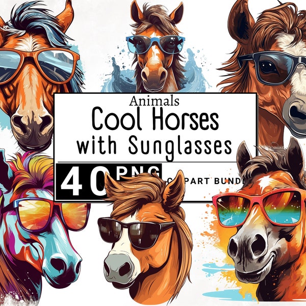 Cool Horse Wearing Sunglasses Clipart, Watercolor Animal Farm Clip Art, Cute Horse Sticker Mug and Shirt Design, Digital Printable PNG & SVG