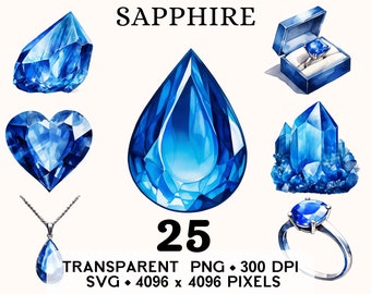 Puede incluir: Un conjunto de 25 ilustraciones de acuarela de zafiros en varias formas y ajustes, incluyendo un corazón, una lágrima, un grupo de cristales y un anillo. Las ilustraciones son archivos PNG transparentes a 300 DPI y 4096 x 4096 píxeles.
