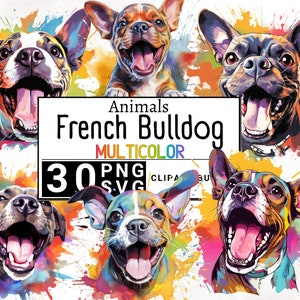 Retrato de cachorro buldogue francês aquarela, Clip Art de filhote de cachorro, Pacote de clipart de animal de estimação, Respingo colorido, Uso comercial, Download digital, 4K PNG e SVG
