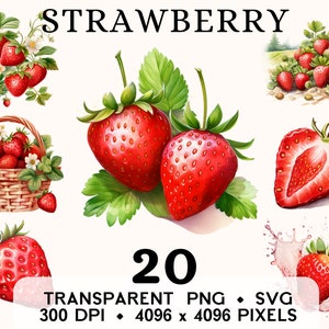 Imágenes Prediseñadas de fresa, Clip Art de cesta de fresas de acuarela de frutas, diseño de taza y camisa de pegatina de comida, descarga digital, PNG y SVG imprimibles
