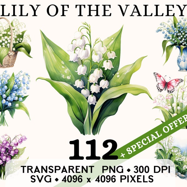 Lily Of The Valley Clipart, Cute Flower Watercolor Clip Art, Floral Sticker Mug and Shirt Design, Digital Download, Printable PNG & SVG