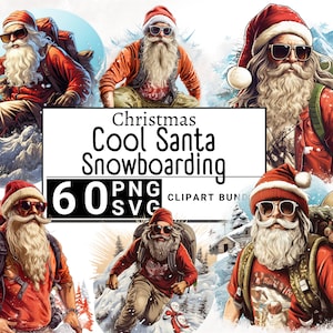 Clipart legal de snowboard de Papai Noel, desenhos de Natal em aquarela de esqui de Papai Noel, clipart engraçado de retrato de Papai Noel, download digital PNG SVG