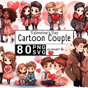 Imágenes prediseñadas de pareja del día de San Valentín, lindo clip art romántico de acuarela para niño y niña, diseño de taza y camisa de pegatina, PNG y SVG imprimible digitalmente