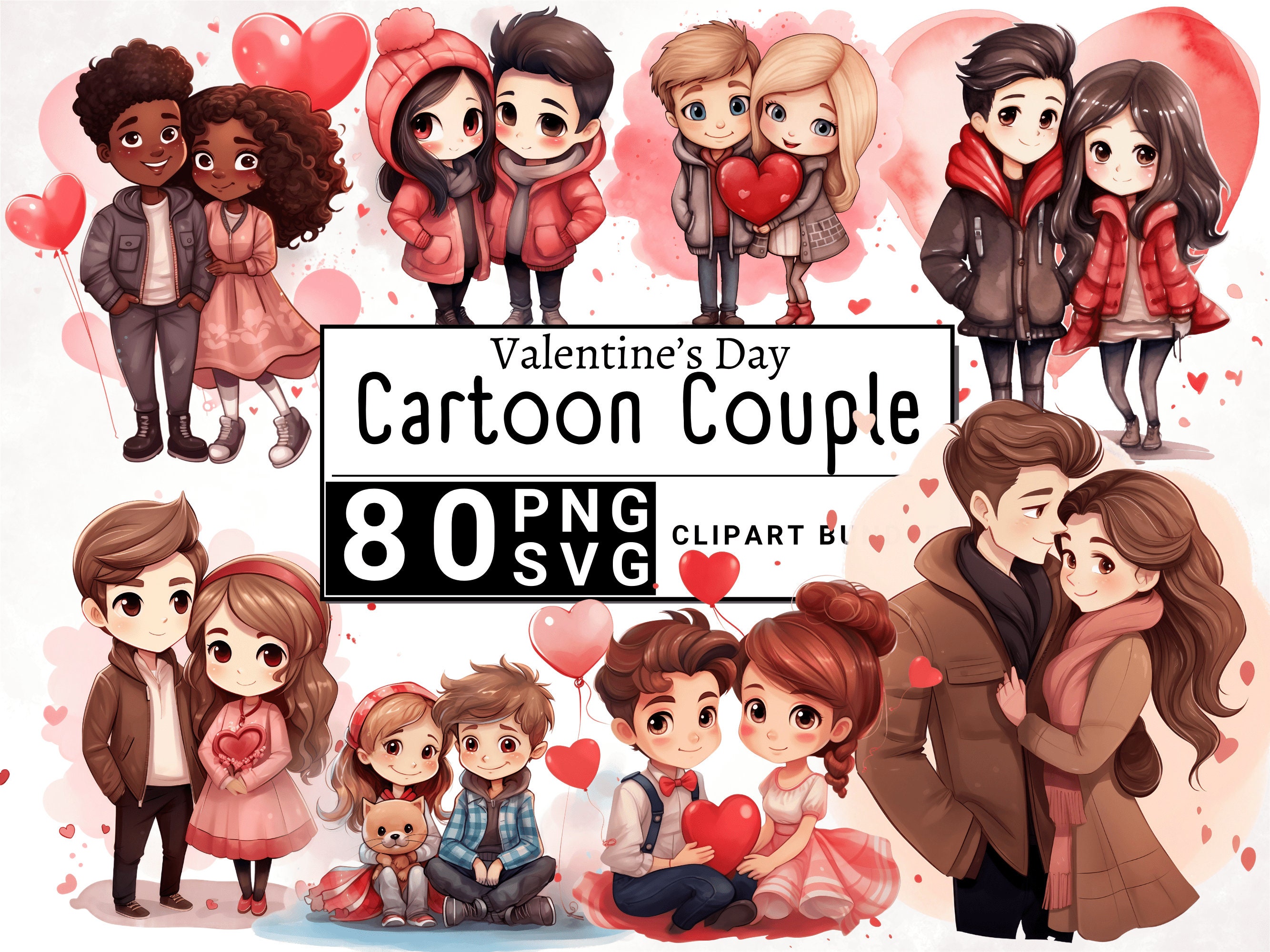 Valentines Day Couple Clipart, Cute Watercolor Romantic Boy and Girl Clip Art, Sticker Mug and Shirt Design, Digital Printable PNG & SVG
