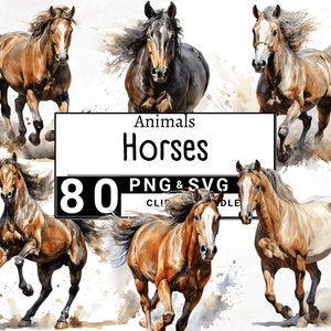 Paquete de imágenes prediseñadas de caballo de acuarela, retrato de caballo de animales de granja occidental, uso comercial, descarga digital, creación de tarjetas, imágenes prediseñadas, 4K PNG y SVG