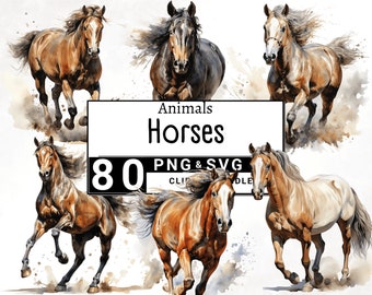 Watercolor Horse Clipart Bundle, Western Farm Animal Horse Portrait, Commercial use, Digital Download, Card Making, Clip Art, 4K PNG and SVG