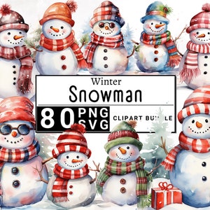 Schattig aquarel sneeuwpop clipart, kerstcadeaus vakantie illustraties, kaart maken grappige winter bundel, digitale papier ambachtelijke, afdrukbare PNG & SVG