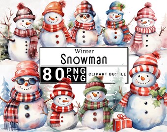 Linda acuarela muñeco de nieve Clipart, regalos de Navidad vacaciones Clip Art, tarjeta haciendo divertido paquete de invierno, artesanía de papel digital, PNG y SVG imprimibles
