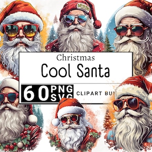 Bundle cool de cliparts lunettes de soleil père Noël, père Noël aquarelle dessins de Noël, drôle de père Noël Portrait Clip Art, téléchargement numérique PNG SVG