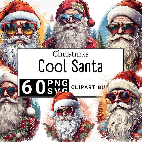 Cool Santa Sunglasses Clipart Bundle, Santa Claus Watercolor Christmas Designs, Funny SantaClaus Portrait Clip Art, PNG SVG Digital Download