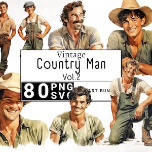 Pacchetto di clipart retrò vintage uomo di campagna, clipart acquerello classico della fattoria del cowboy, ragazzo di moda tradizionale, album occidentale, PNG e SVG