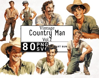 Retro Vintage Country Man Clipart Bundle, Classic Cowboy Farm Watercolor Clip Art, Traditional Fashion Boy, Western Scrapbook, PNG and SVG