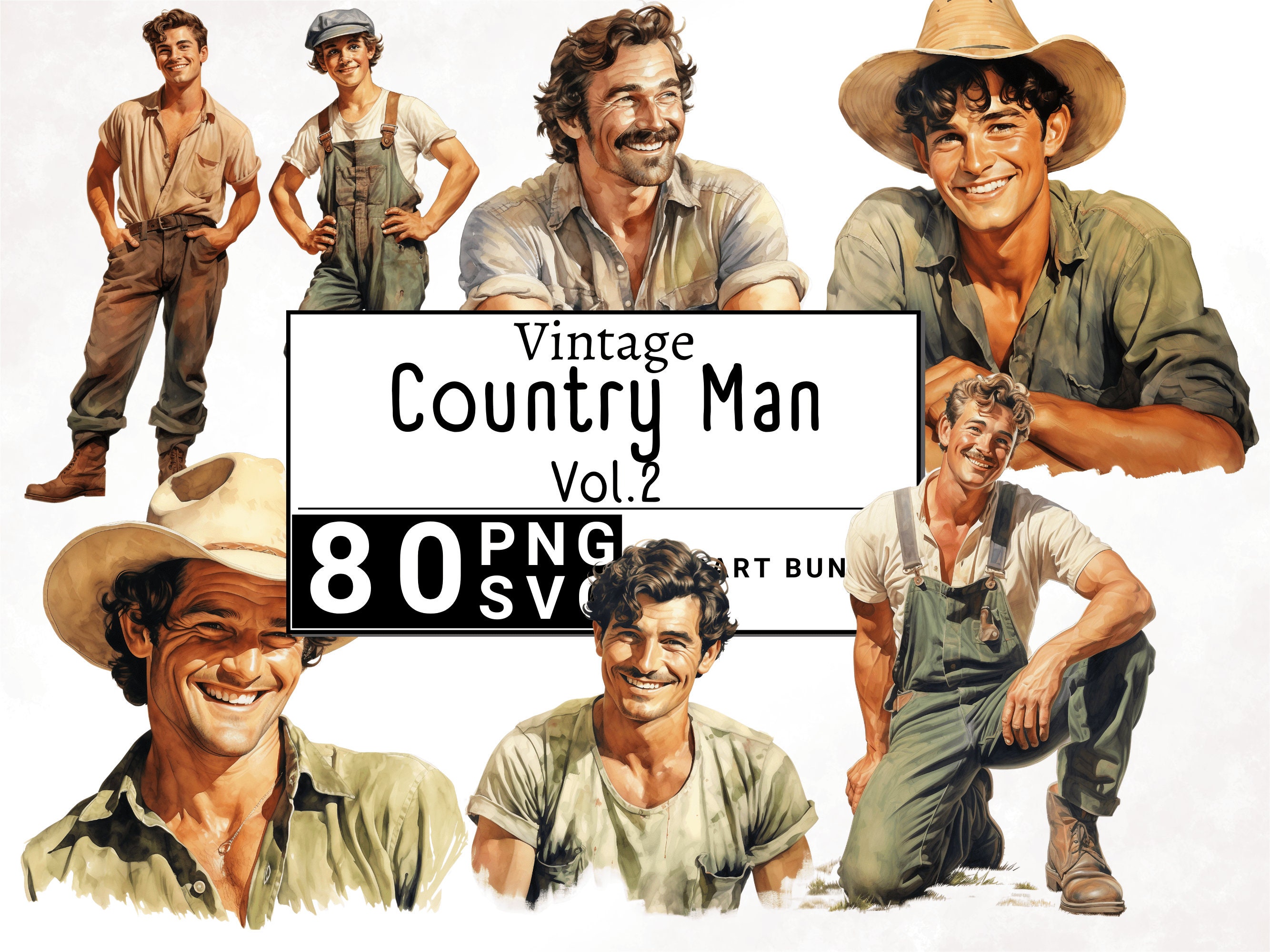 Retro Vintage Country Man Clipart Bundle, Classic Cowboy Farm ...