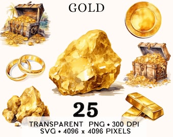 May include: A digital illustration of 25 gold items, including a treasure chest, gold nuggets, gold bars, a gold ring, and a gold coin. The illustration is in a watercolor style.
