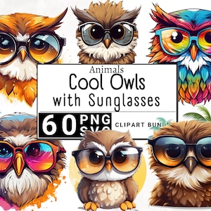 Coole uilen met zonnebril clipart, aquarel bos dieren illustraties, schattige boerderij sticker mok en T-shirt, download afdrukbare PNG & SVG