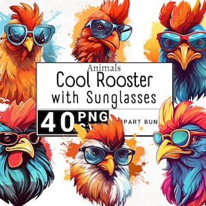Cooles Huhn mit Sonnenbrille Clipart, Aquarell Tier Bauernhof Clip Art, Hahn Aufkleber Becher und Shirt Design, digital druckbare PNG & SVG