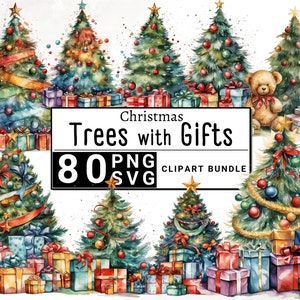 Christmas Tree with Gifts Clipart, Watercolor Xmas Clip art Bundle, Presents, Scrapbook, Paper Crafts, Digital Download, Printable PNG & SVG