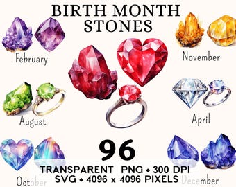 May include: Watercolor illustrations of birthstones for each month of the year. The stones are depicted as crystals, hearts, and rings. The text "BIRTH MONTH STONES" is at the top of the image. The text "96 TRANSPARENT PNG. 300 DPI SVG. 4096 x 4096 PIXELS" is at the bottom of the image.
