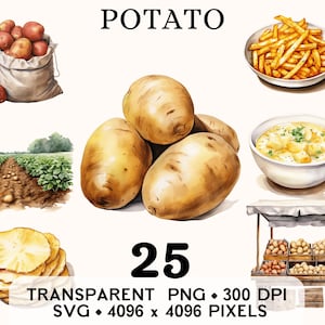 Kartoffel Clipart, Bauernhof Gemüse Aquarell Pommes Clip Art, Essen Aufkleber Becher und Shirt Design, digitaler Download, druckbare PNG und SVG