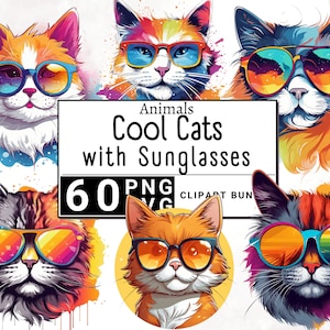 Cool Cat Wearing Sunglasses Clipart, Watercolor Kitten Clip Art, Cute Pet Sticker Mug and Shirt Design, Digital Printable PNG & SVG