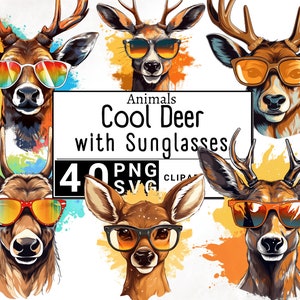 Cool herten met zonnebril clipart, aquarel bos dieren illustraties, schattige rode hert sticker mok en T-shirt, download afdrukbare PNG & SVG