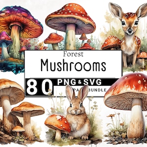 Clipart champignon forêt, clipart réaliste, aquarelle psychédélique, champignon vénéneux magique et bébés animaux, téléchargement numérique, PNG imprimable & SVG