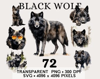 Imágenes prediseñadas de lobo negro en el bosque, imágenes prediseñadas de acuarela de lobo salvaje en el bosque, diseño de taza y camiseta con pegatinas de animales, descarga digital imprimible PNG SVG