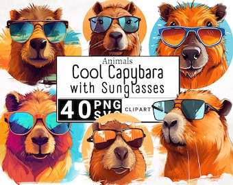 Cool Capybara With Sunglasses Clipart, Watercolor Forest Animal Clip Art, Cute Sticker Mug and T-Shirt, Digital Download Printable PNG & SVG