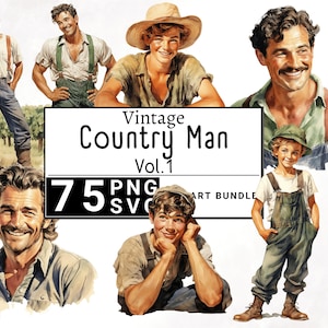 Pacote de clipart retrô vintage country man, clipart clássico de fazenda de cowboy em aquarela, menino bonito tradicional, álbum de recortes ocidental, PNG e SVG