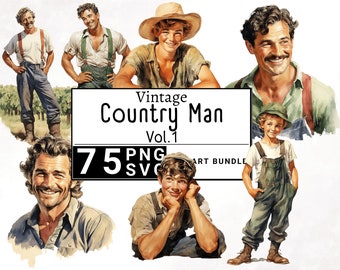 Retro Vintage Country Man Clipart Bundle, Classic Cowboy Farm Watercolor Clip Art, Traditional Handsome Boy, Western Scrapbook, PNG and SVG